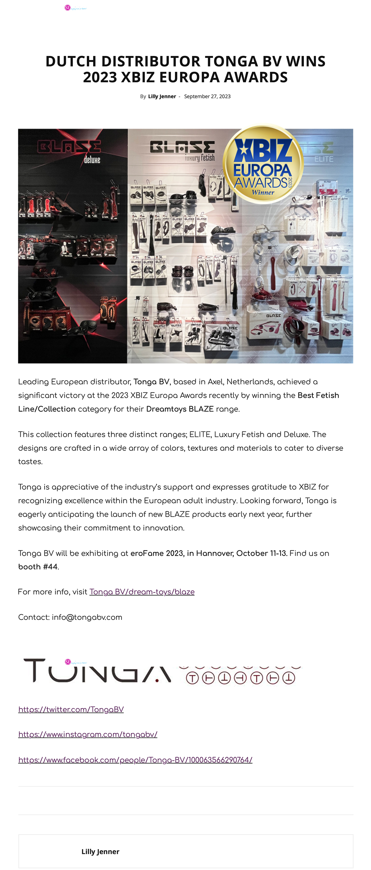 2023-09 Storerotica - Dutch Distributor Tonga BV Wins 2023 XBIZ Europa Awards